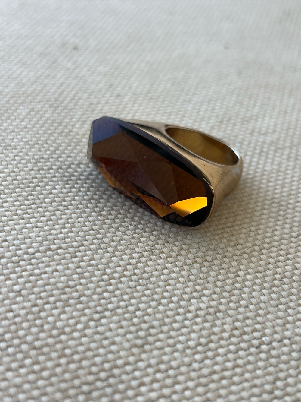 Gold-Tone Women's Ring with Faceted Amber-Brown Stone